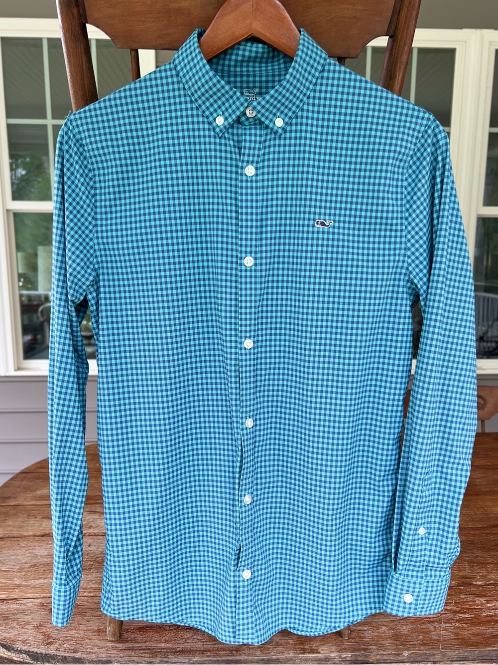 Boys Vineyard Vines Button Down Performance Dress Shirt Teal Navy Checked 18 XL